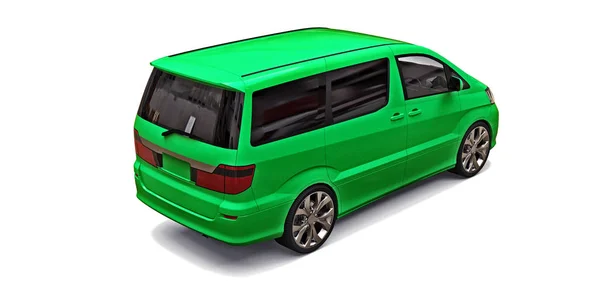 Pequeña minivan verde para el transporte de personas. Ilustración tridimensional sobre fondo blanco. renderizado 3d . —  Fotos de Stock