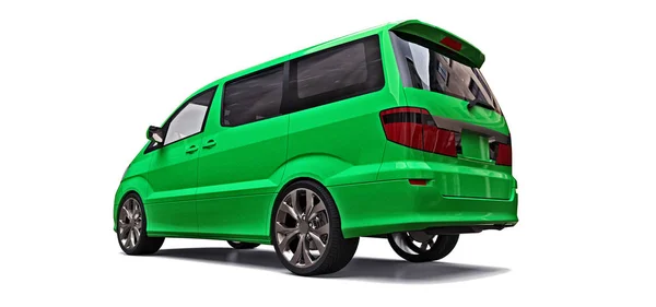 Minivan verde per il trasporto di persone. Illustrazione tridimensionale su sfondo bianco. rendering 3d . — Foto Stock