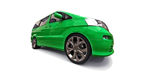 Minivan pequena verde de transporte de pessoas. Ilustração tridimensional sobre fundo branco. Renderização 3d . — Fotografia de Stock