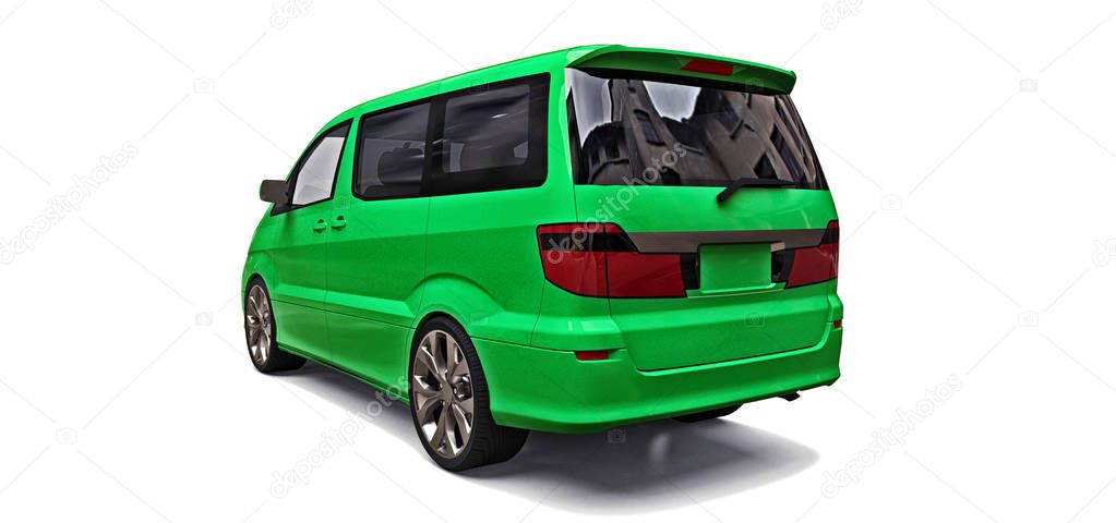 Green small minivan for transportation of people. Three-dimensional illustration on a white background. 3d rendering.