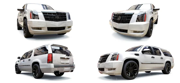 Nastavte velké bílé nadstandardní SUV na bílém podkladu. prostorové vykreslování. — Stock fotografie