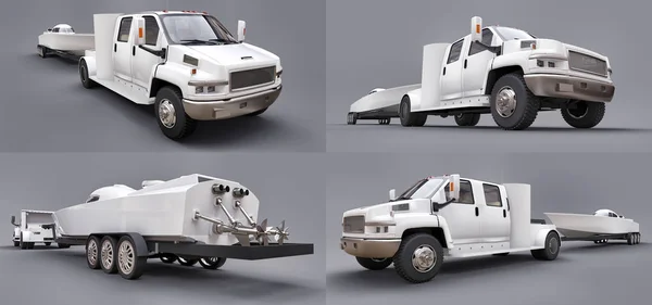 Definir caminhão branco com um reboque para o transporte de um barco de corrida em um fundo cinza. Renderização 3d . — Fotografia de Stock