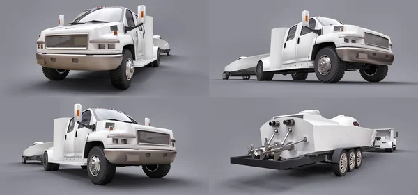 Ρυθμίστε το λευκό φορτηγό με ένα τρέιλερ για τη μεταφορά ενός αγωνιστικού σκάφους σε γκρίζο φόντο. απόδοση 3D. — Φωτογραφία Αρχείου