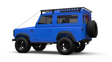 Mavi eski küçük Suv zor yollar ve seferler için ayarlanmış. 3d render.