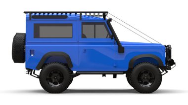 Mavi eski küçük Suv zor yollar ve seferler için ayarlanmış. 3d render.