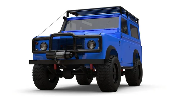 Blue old small SUV tuned for difficult routes and expeditions. 3d rendering.