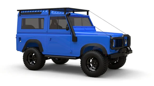 Blue old small SUV tuned for difficult routes and expeditions. 3d rendering.