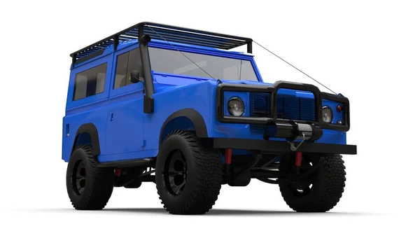 Blue old small SUV tuned for difficult routes and expeditions. 3d rendering.
