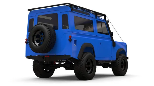 Blue old small SUV tuned for difficult routes and expeditions. 3d rendering.