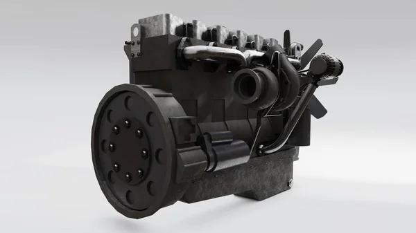 Ein großer Dieselmotor mit dem abgebildeten LKW. 3D-Darstellung. — Stockfoto