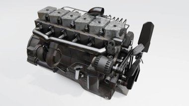 Kamyon tasvir edilmiş büyük bir dizel motor. 3d oluşturma.