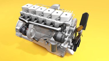 Kamyon tasvir edilmiş büyük bir dizel motor. 3d oluşturma.
