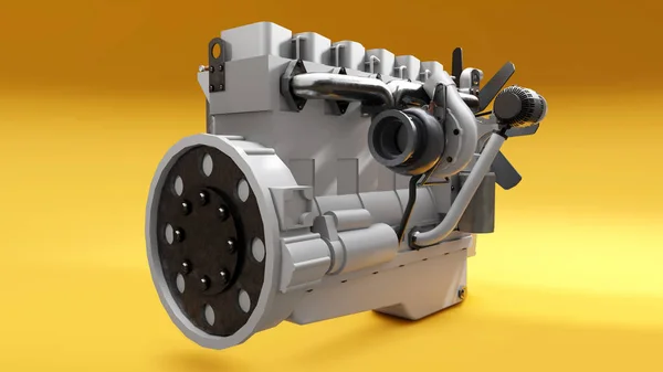Velký dieselový motor s vyobrazeným náklaďákem. 3D vykreslování. — Stock fotografie