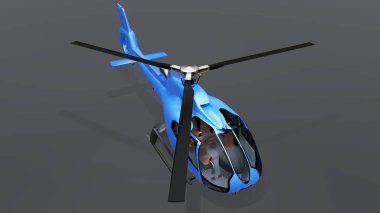 Mavi helikopter gri arka planda izole. 3d illüstrasyon.