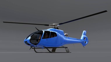 Mavi helikopter gri arka planda izole. 3d illüstrasyon.