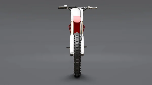 Piros-fehér sport kerékpár Cross-Country a szürke háttér. Racing sportbike. Modern Supercross motocross Dirt Bike. 3D renderelés. — Stock Fotó
