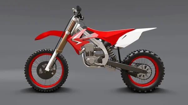 Rot-weißes Sportfahrrad für den Langlauf auf grauem Hintergrund. Rennsportbike. modernes Supercross Motocross Dirt Bike. 3D-Darstellung. — Stockfoto