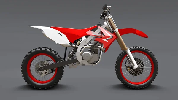 Rot-weißes Sportfahrrad für den Langlauf auf grauem Hintergrund. Rennsportbike. modernes Supercross Motocross Dirt Bike. 3D-Darstellung. — Stockfoto