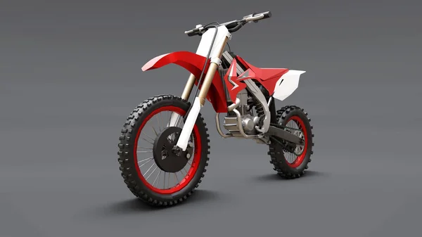 Rot-weißes Sportfahrrad für den Langlauf auf grauem Hintergrund. Rennsportbike. modernes Supercross Motocross Dirt Bike. 3D-Darstellung. — Stockfoto