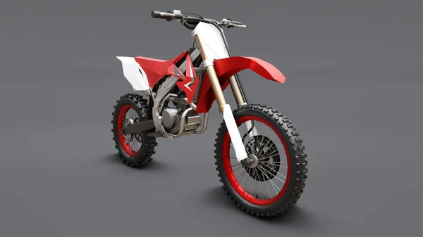 Red and white sport bike for cross-country on a gray background. Racing Sportbike. Modern Supercross Motocross Dirt Bike. 3D Rendering.