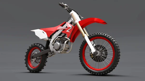 Rot-weißes Sportfahrrad für den Langlauf auf grauem Hintergrund. Rennsportbike. modernes Supercross Motocross Dirt Bike. 3D-Darstellung. — Stockfoto