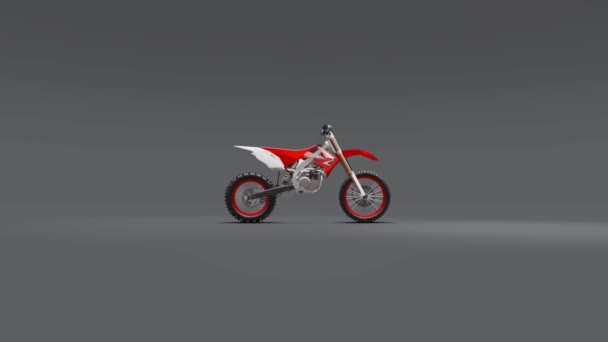Bicicleta deportiva roja y blanca para cross-country sobre fondo gris. Racing Sportbike. Moderna bicicleta de suciedad de Motocross Supercross. Renderizado 3D . — Vídeos de Stock