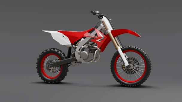 Rot-weißes Sportfahrrad für den Langlauf auf grauem Hintergrund. Rennsportbike. modernes Supercross Motocross Dirt Bike. 3D-Darstellung. — Stockvideo