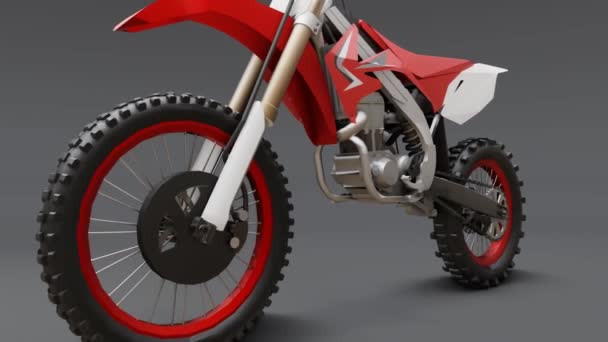 灰色の背景にクロスカントリーのための赤と白のスポーツバイク。レーシングスポーツバイク。現代のスーパークロスモトクロスダートバイク。3D レンダリング. — ストック動画
