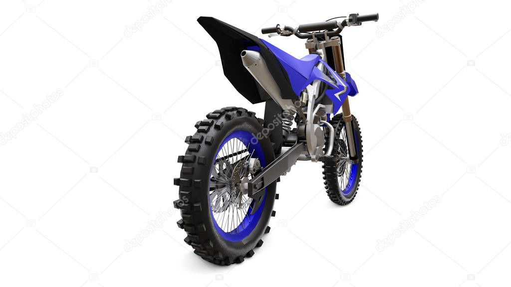 Blue and black sport bike for cross-country on a white background. Racing Sportbike. Modern Supercross Motocross Dirt Bike. 3D Rendering.