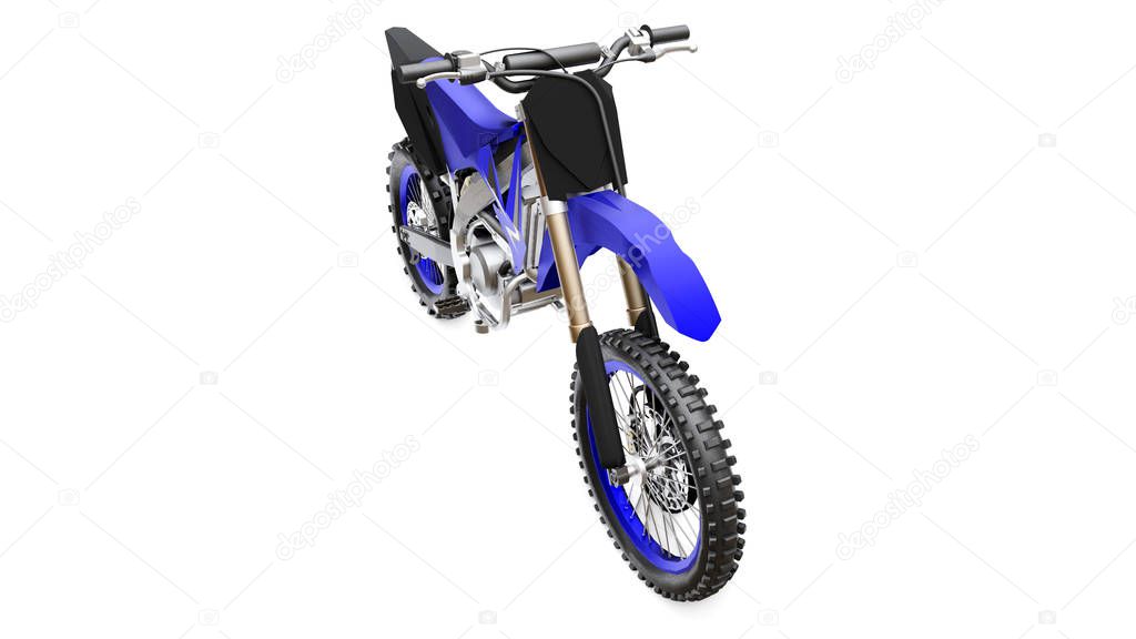Blue and black sport bike for cross-country on a white background. Racing Sportbike. Modern Supercross Motocross Dirt Bike. 3D Rendering.