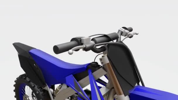 Blauwe en zwarte sport fiets voor cross-country op een witte achtergrond. Racing Sport Bike. Moderne Supercross motorcross dirt bike. 3D-rendering. — Stockvideo