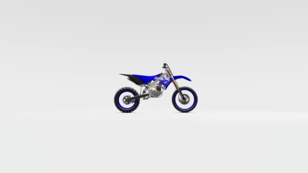 Beyaz bir arka planda Cross-Country için mavi ve siyah spor bisiklet. Yarış Sportbike. Modern Supercross Motocross Dirt Bike. 3B Işleme. — Stok video