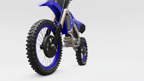 Vélo sport bleu et noir pour le cross-country sur fond blanc. Racing Sportbike. Moderne Supercross Motocross Dirt Bike. Rendu 3D . — Video