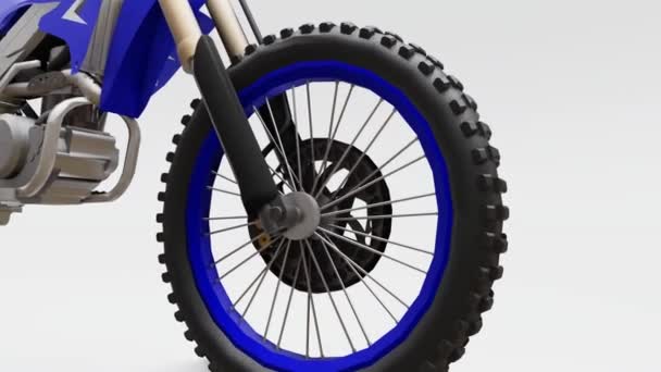 Blaues und schwarzes Sportfahrrad für den Langlauf auf weißem Hintergrund. Rennsportbike. modernes Supercross Motocross Dirt Bike. 3D-Darstellung. — Stockvideo