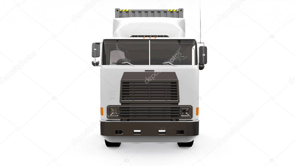 A large retro white truck with a sleeping part and an aerodynamic extension carries a trailer with a sea container. 3d rendering.