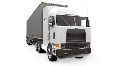 Bir uyku parçası ve aerodinamik uzatma ile büyük bir retro beyaz kamyon bir deniz kabı ile bir römork taşır. 3B işleme.