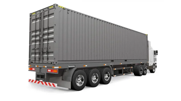 Een grote retro witte vrachtwagen met een slaapgedeelte en een aerodynamische verlengstuk draagt een aanhanger met een zeecontainer. 3D-rendering. — Stockfoto