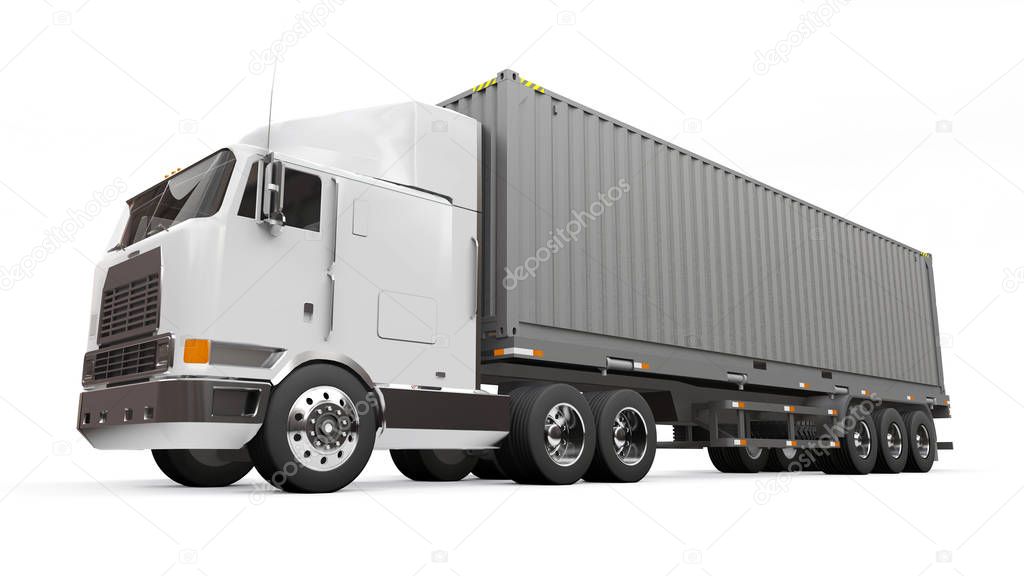 A large retro white truck with a sleeping part and an aerodynamic extension carries a trailer with a sea container. 3d rendering.