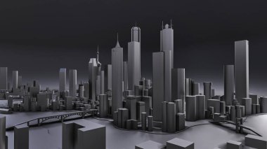 Modern şehrin üç boyutlu manzarası var. Metropolün büyük yerleşim yeri. 3B görüntüleme.