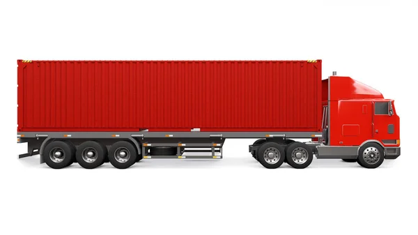 Un grande camion rosso retrò con una parte addormentata e un'estensione aerodinamica trasporta un rimorchio con un contenitore marino. rendering 3d . — Foto Stock
