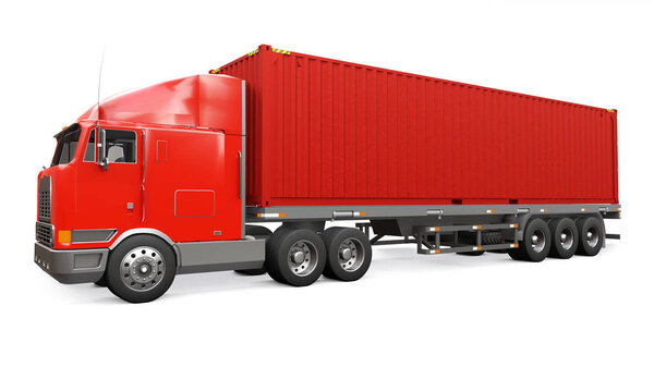 A large retro red truck with a sleeping part and an aerodynamic extension carries a trailer with a sea container. 3d rendering.