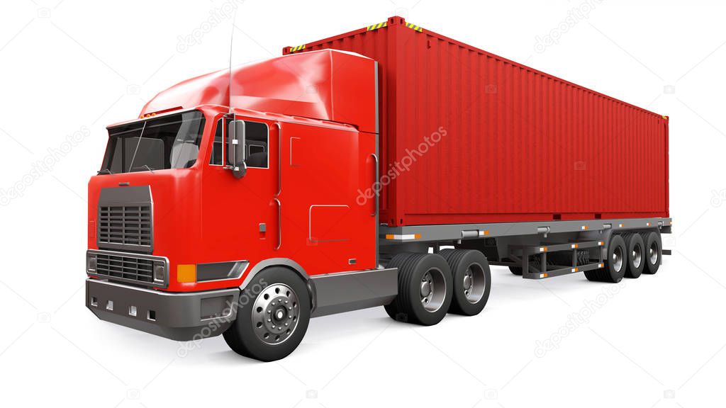 A large retro red truck with a sleeping part and an aerodynamic extension carries a trailer with a sea container. 3d rendering.