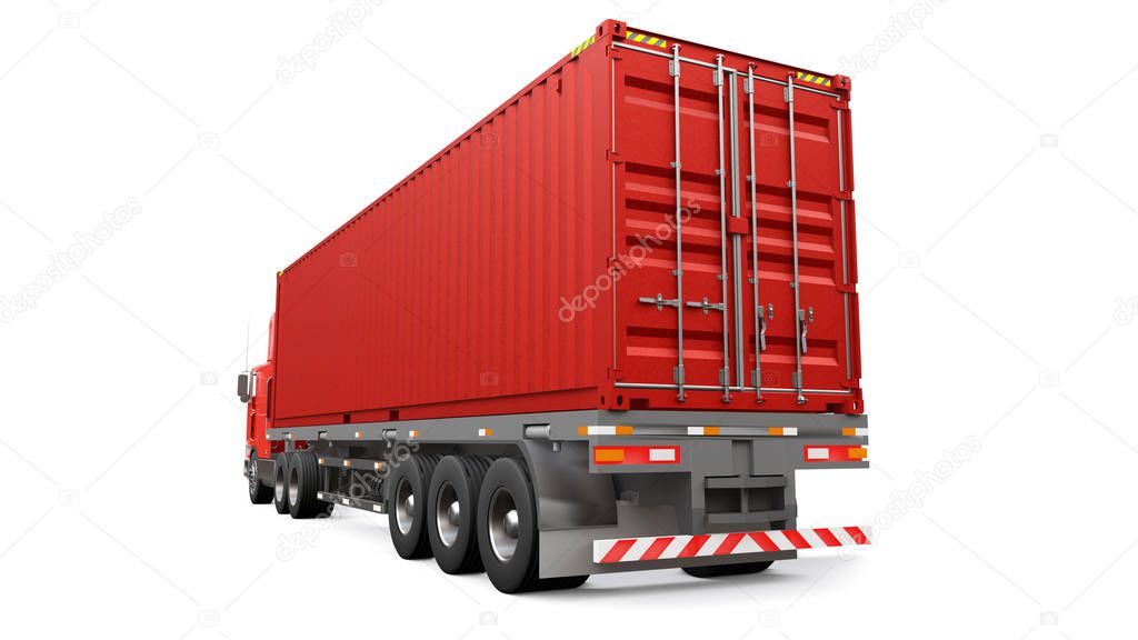 A large retro red truck with a sleeping part and an aerodynamic extension carries a trailer with a sea container. 3d rendering.