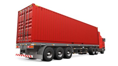 Bir uyku parçası ve aerodinamik uzantısı ile büyük bir retro kırmızı kamyon bir deniz konteyner ile bir römork taşır. 3d render.