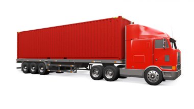 Bir uyku parçası ve aerodinamik uzantısı ile büyük bir retro kırmızı kamyon bir deniz konteyner ile bir römork taşır. 3d render.