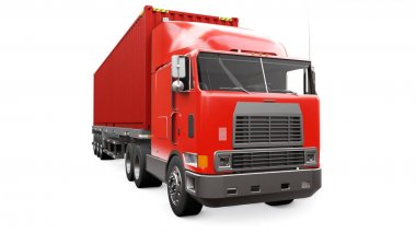 Bir uyku parçası ve aerodinamik uzantısı ile büyük bir retro kırmızı kamyon bir deniz konteyner ile bir römork taşır. 3d render.