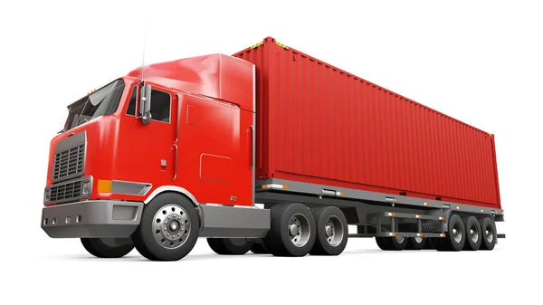 Ένα μεγάλο ρετρό κόκκινο φορτηγό με μέρος ύπνου και μια αεροδυναμική επέκταση μεταφέρει ένα τρέιλερ με ένα δοχείο θαλάσσης. απόδοση 3D. — Φωτογραφία Αρχείου