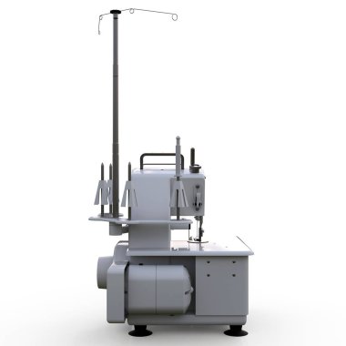 Beyaz arka planda overlock. Dikiş üretimi için ekipman. Dikiş kıyafetleri ve tekstil. 3d illüstrasyon.