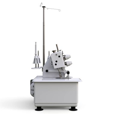Beyaz arka planda overlock. Dikiş üretimi için ekipman. Dikiş kıyafetleri ve tekstil. 3d illüstrasyon.