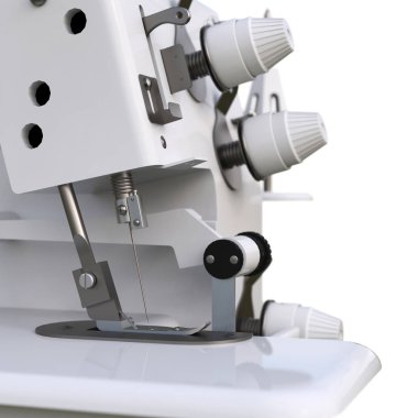 Beyaz arka planda overlock. Dikiş üretimi için ekipman. Dikiş kıyafetleri ve tekstil. 3d illüstrasyon.